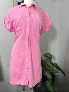 Zilcremo Women’s Pink Button Front Shirt Dress Oversized Mini Tunic Roll Sleeve